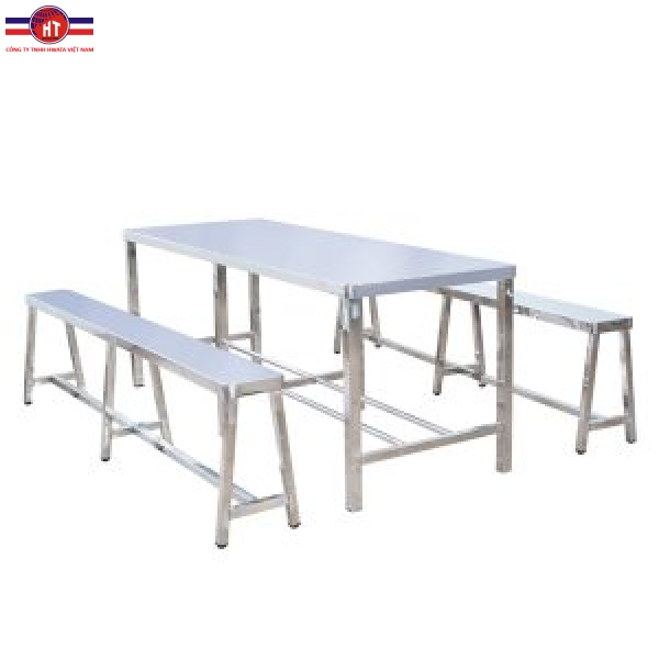 Bàn chữ nhật inox cố định và 2 ghế cố định